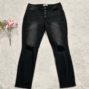 Vervet - York Plus High Rise Distressed Button Fly Ankle Black Skinny Jeans P16